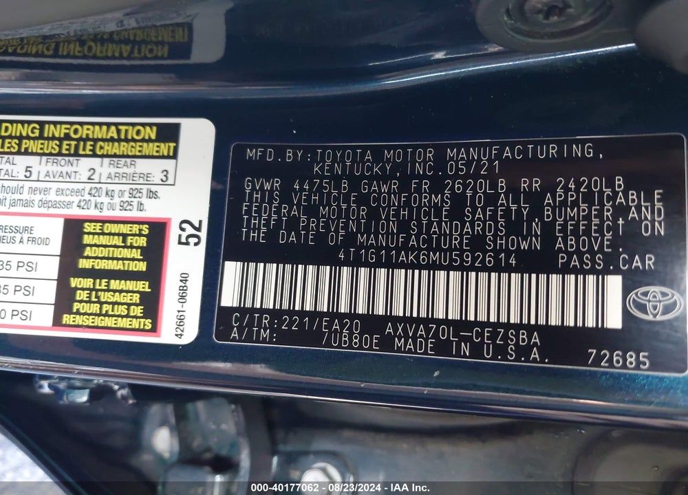 2021 TOYOTA CAMRY SE VIN: 4T1G11AK6MU592614