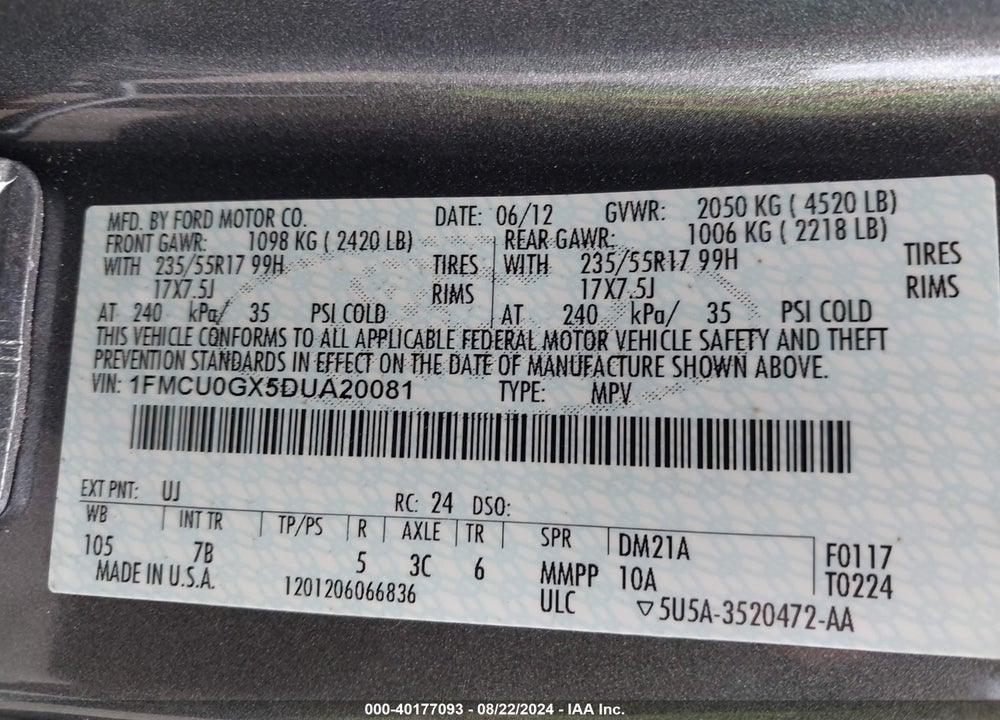 2013 FORD ESCAPE SE VIN: 1FMCU0GX5DUA20081