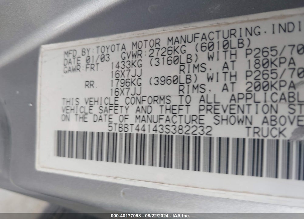 2003 TOYOTA TUNDRA SR5 V8 VIN: 5TBBT44143S382232