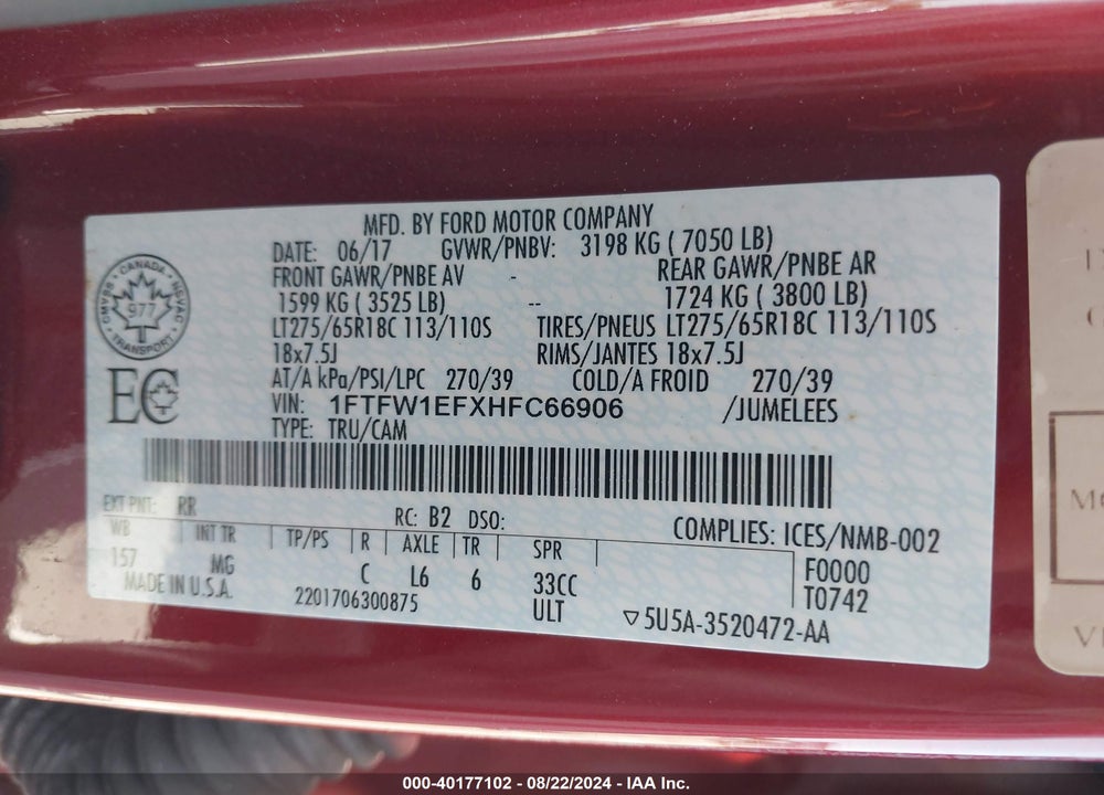2017 FORD F-150 XLT VIN: 1FTFW1EFXHFC66906