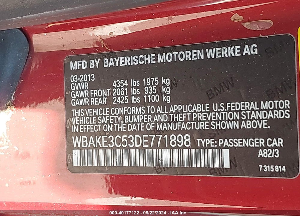 2013 BMW 328I VIN: WBAKE3C53DE771898