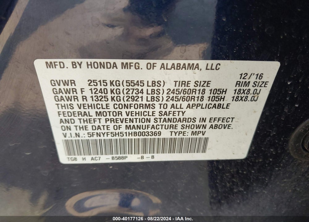 2017 HONDA PILOT EX-L VIN: 5FNYF5H51HB003369