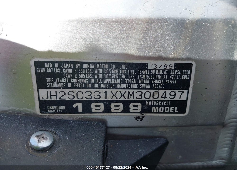 1999 HONDA CBR900 RR VIN: JH2SC331XXM300497