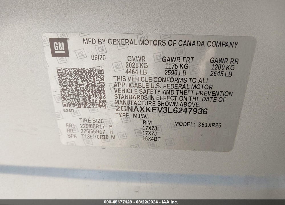 2020 CHEVROLET EQUINOX FWD LT 1.5L TURBO VIN: 2GNAXKEV3L6247936