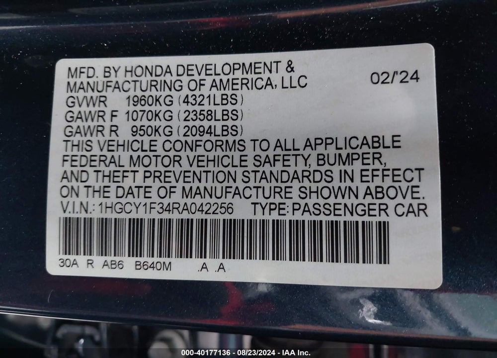 2024 HONDA ACCORD EX VIN: 1HGCY1F34RA042256