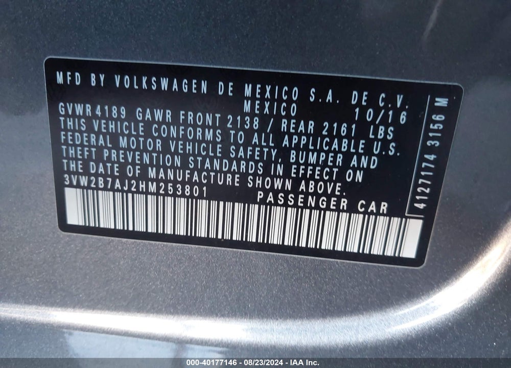 2017 VOLKSWAGEN JETTA 1.4T S VIN: 3VW2B7AJ2HM253801