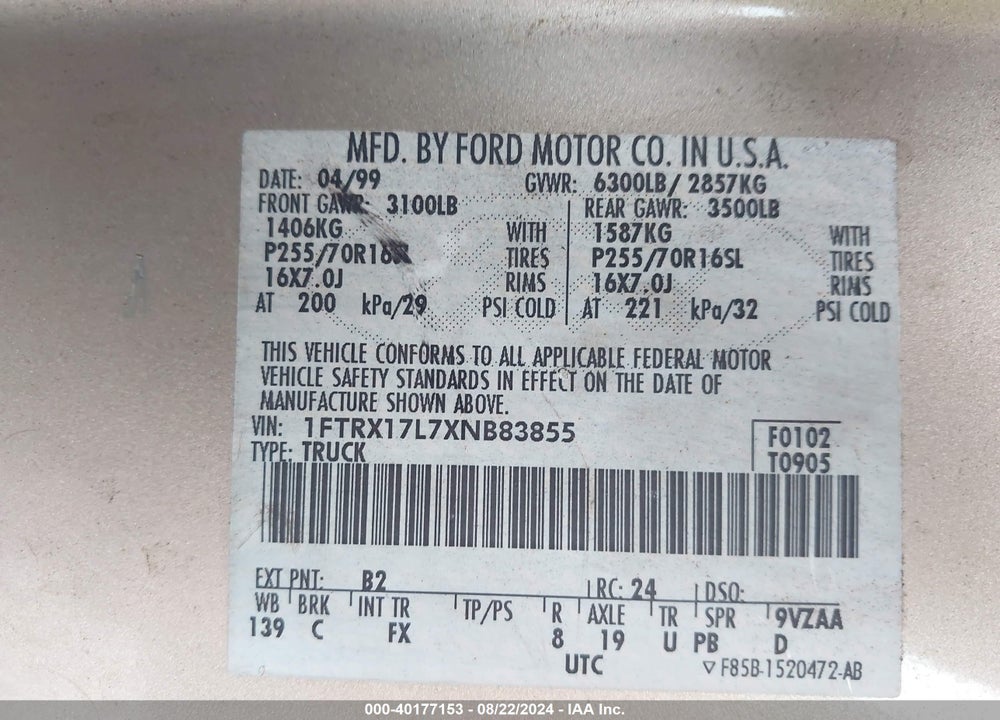 1999 FORD F-150 LARIAT/XL/XLT VIN: 1FTRX17L7XNB83855