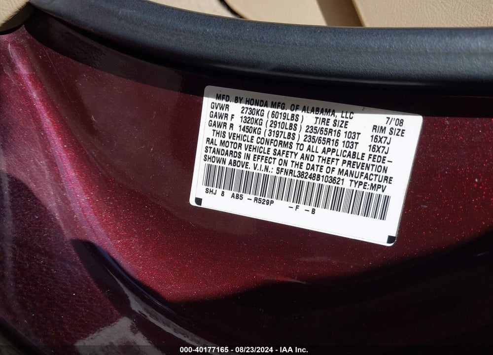 2008 HONDA ODYSSEY LX VIN: 5FNRL38248B103621