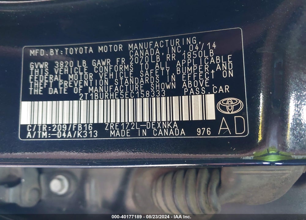 2014 TOYOTA COROLLA LE VIN: 2T1BURHE5EC158333