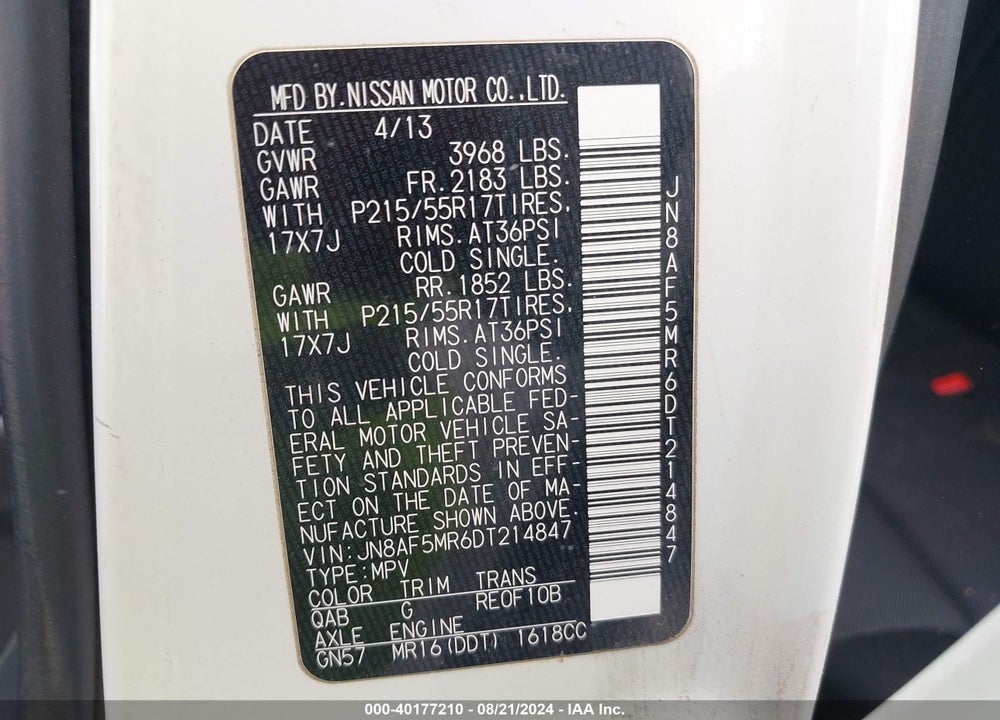 2013 NISSAN JUKE NISMO/S/SL/SV VIN: JN8AF5MR6DT214847