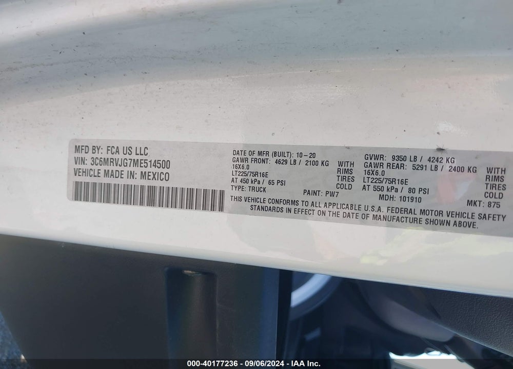 2021 RAM PROMASTER 3500 CARGO VAN HIGH ROOF 159 WB EXT VIN: 3C6MRVJG7ME514500