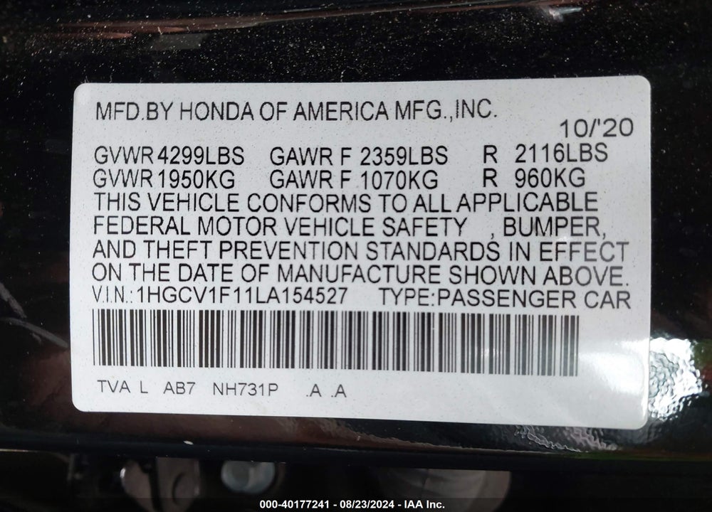 2020 HONDA ACCORD LX VIN: 1HGCV1F11LA154527