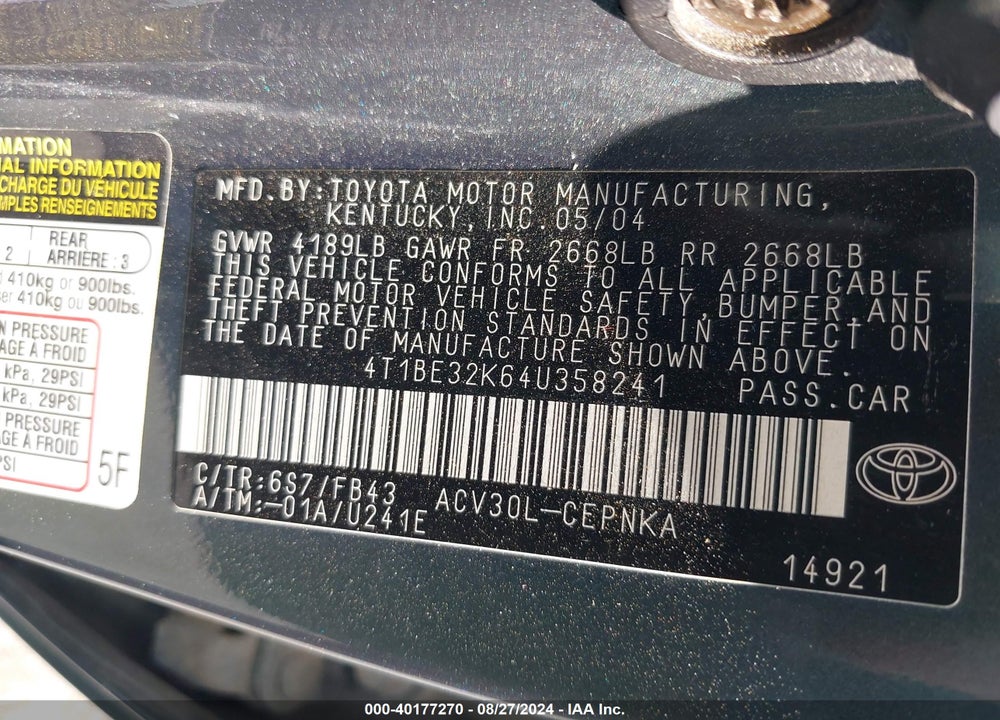2004 TOYOTA CAMRY LE VIN: 4T1BE32K64U358241