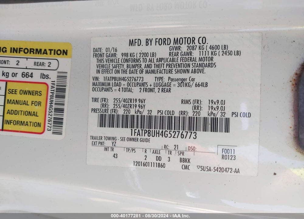 2016 FORD MUSTANG ECOBOOST PREMIUM VIN: 1FATP8UH4G5276773