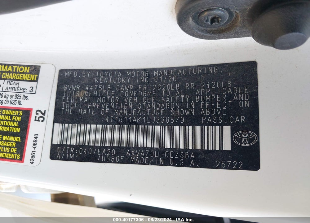 2020 TOYOTA CAMRY SE VIN: 4T1G11AK1LU338579