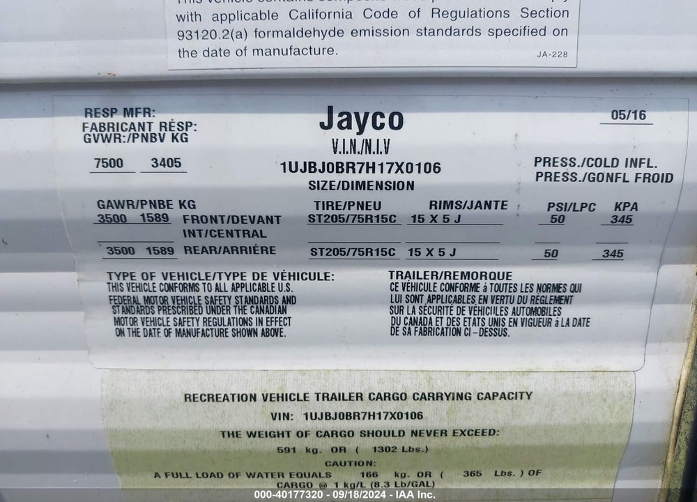 2017 JAYCO OTHER VIN: 1UJBJ0BR7H17X0106