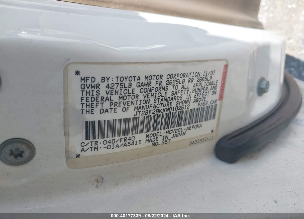 1998 TOYOTA CAMRY XLE V6 VIN: JT2BF28KXW0102612