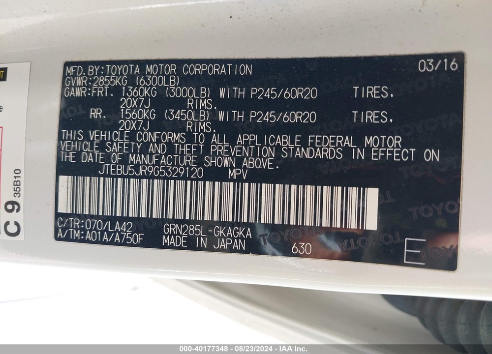 2016 TOYOTA 4RUNNER LIMITED VIN: JTEBU5JR9G5329120