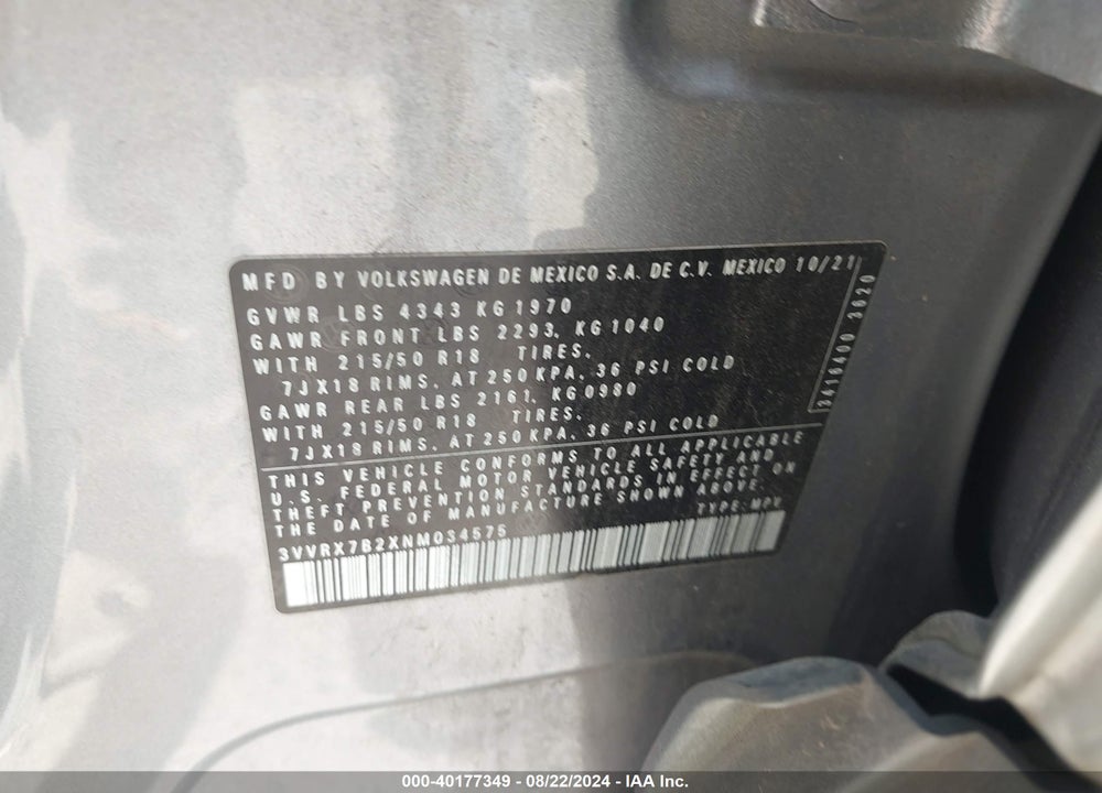 2022 VOLKSWAGEN TAOS 1.5T SE VIN: 3VVRX7B2XNM034575