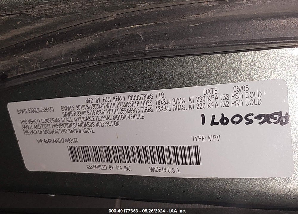 2007 SUBARU B9 TRIBECA LIMITED 7-PASSENGER VIN: 4S4WX86D174403188