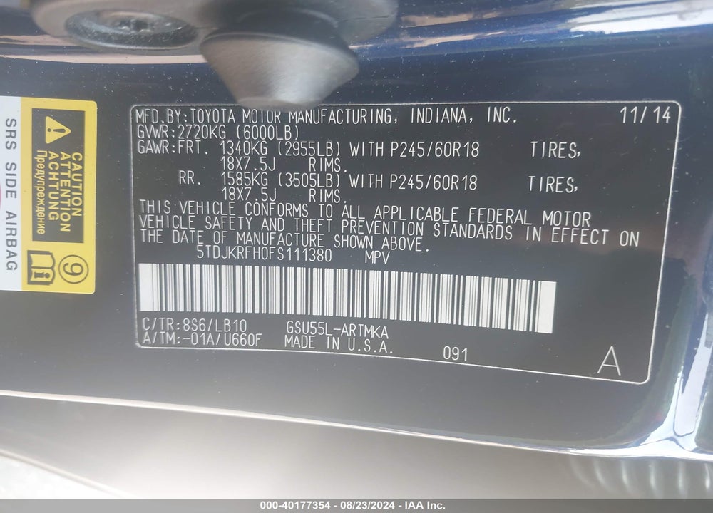 2015 TOYOTA HIGHLANDER XLE V6 VIN: 5TDJKRFH0FS111380