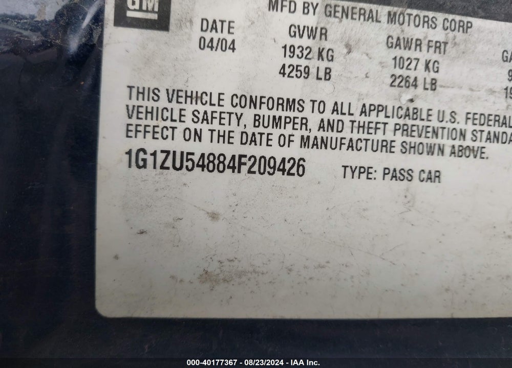 2004 CHEVROLET MALIBU LT VIN: 1G1ZU54884F209426