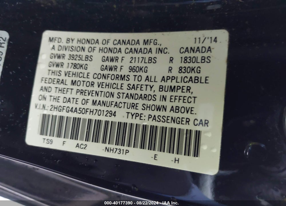 2015 HONDA CIVIC VIN: 2HGFG4A50FH701294