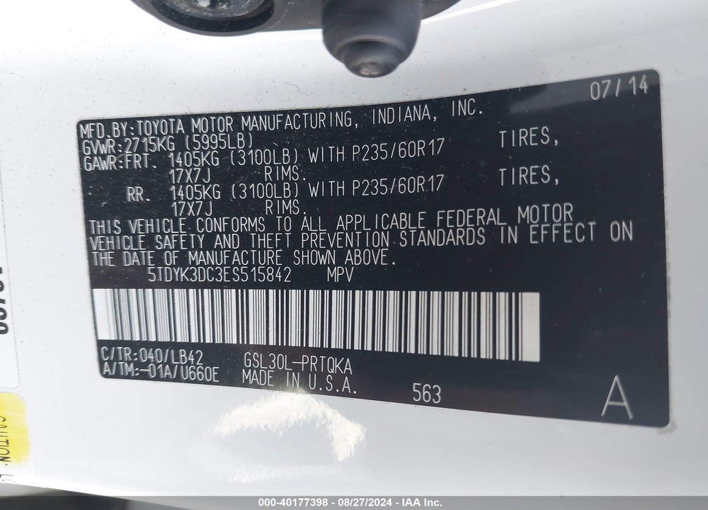 2014 TOYOTA SIENNA XLE V6 8 PASSENGER VIN: 5TDYK3DC3ES515842