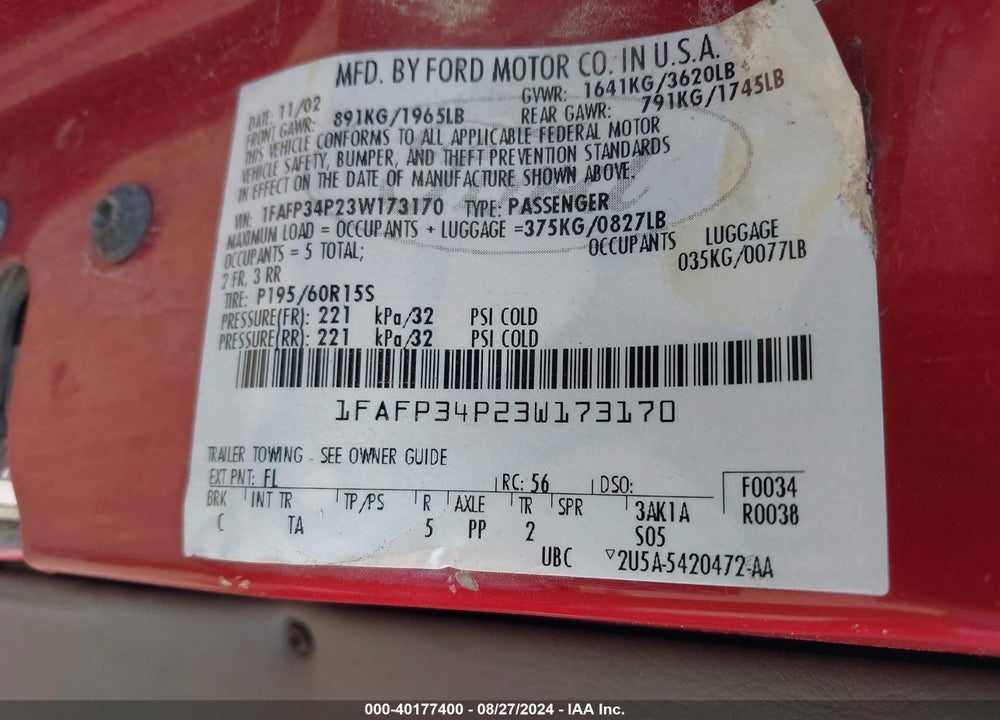 2003 FORD FOCUS SE VIN: 1FAFP34P23W173170