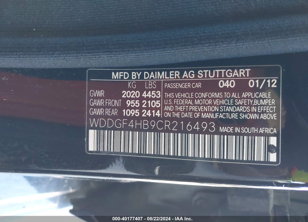 2012 MERCEDES-BENZ C 250 VIN: WDDGF4HB9CR216493