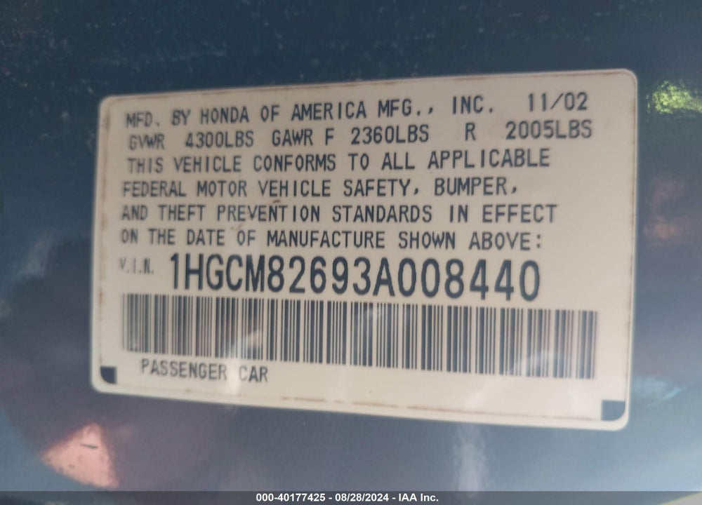 2003 HONDA ACCORD 3.0 EX VIN: 1HGCM82693A008440