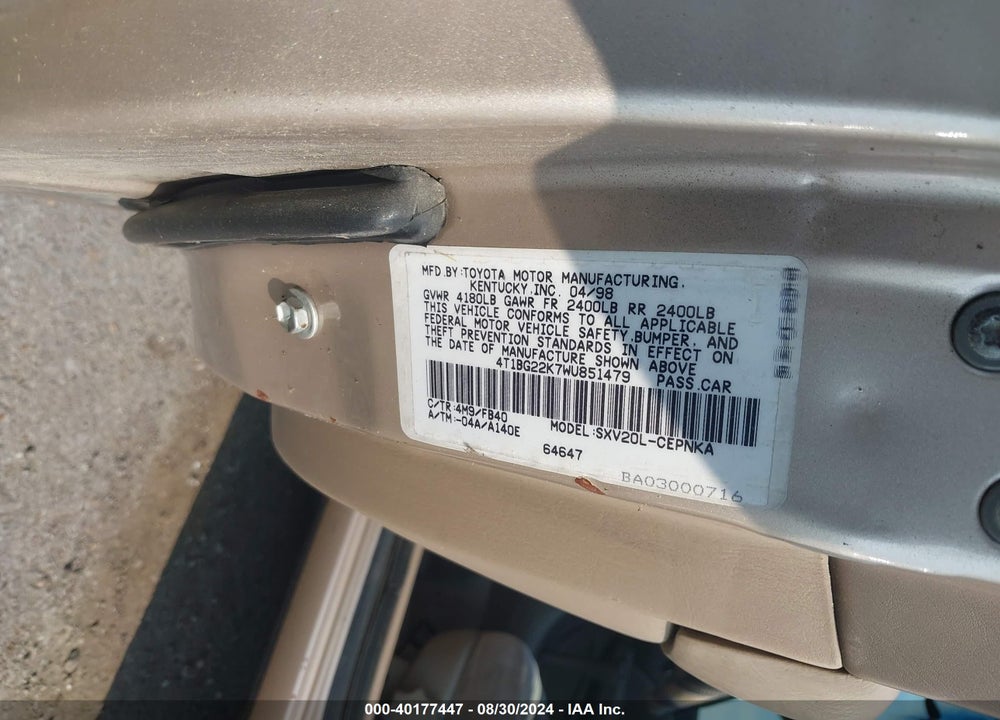 1998 TOYOTA CAMRY LE VIN: 4T1BG22K7WU851479