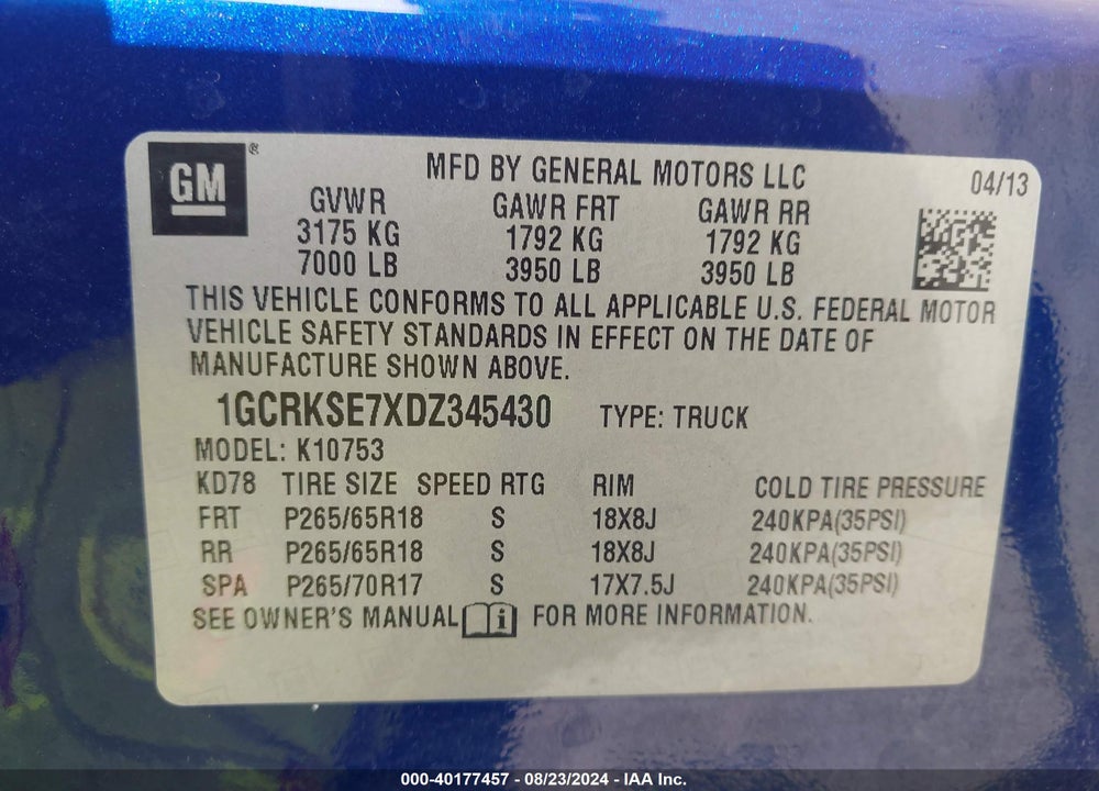 2013 CHEVROLET SILVERADO 1500 LT VIN: 1GCRKSE7XDZ345430
