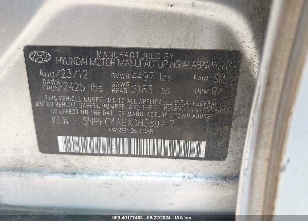 2013 HYUNDAI SONATA LIMITED 2.0T VIN: 5NPEC4ABXDH589717