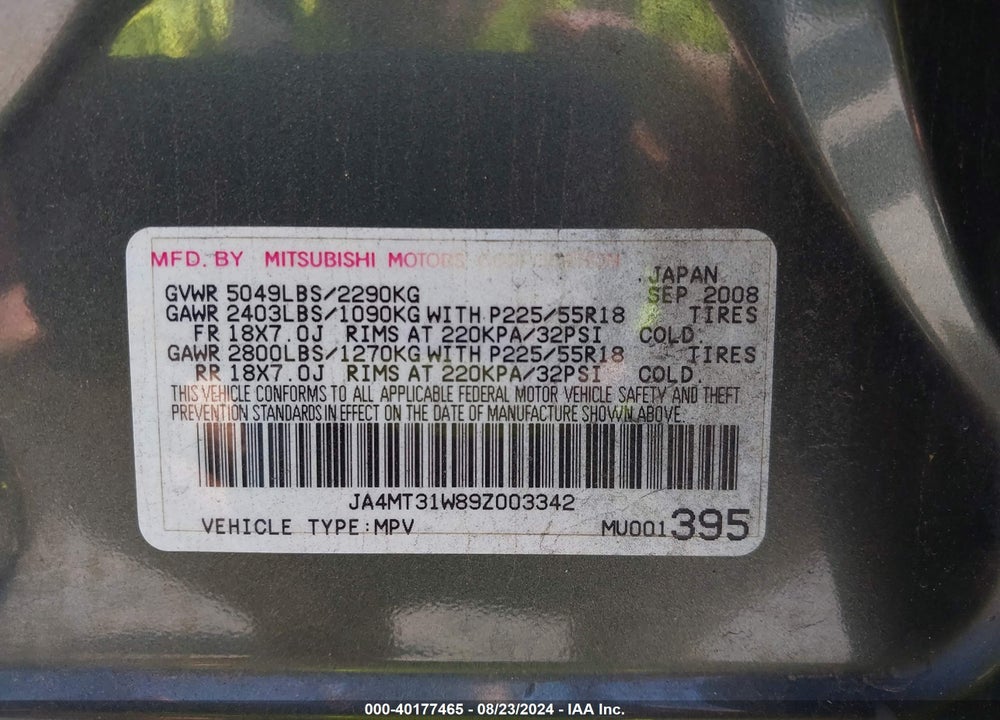 2009 MITSUBISHI OUTLANDER SE VIN: JA4MT31W89Z003342