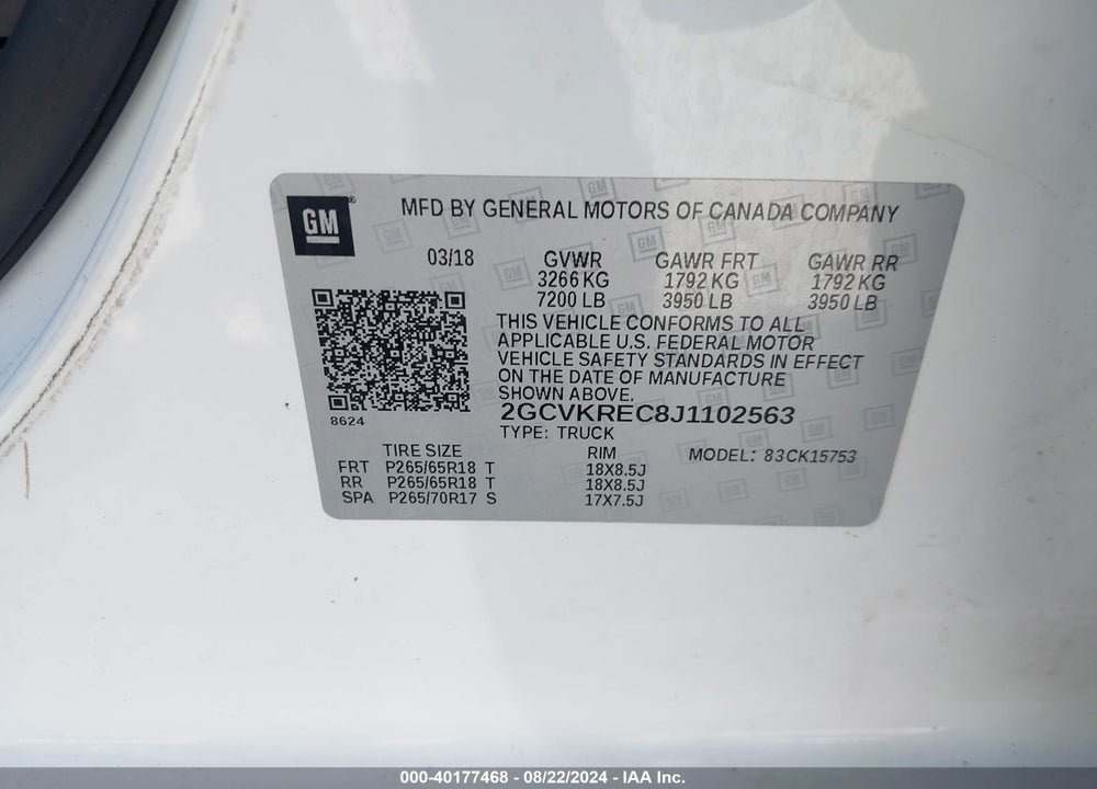 2018 CHEVROLET SILVERADO 1500 1LT VIN: 2GCVKREC8J1102563