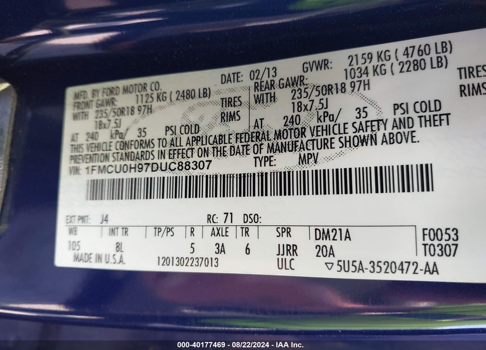 2013 FORD ESCAPE SEL VIN: 1FMCU0H97DUC88307