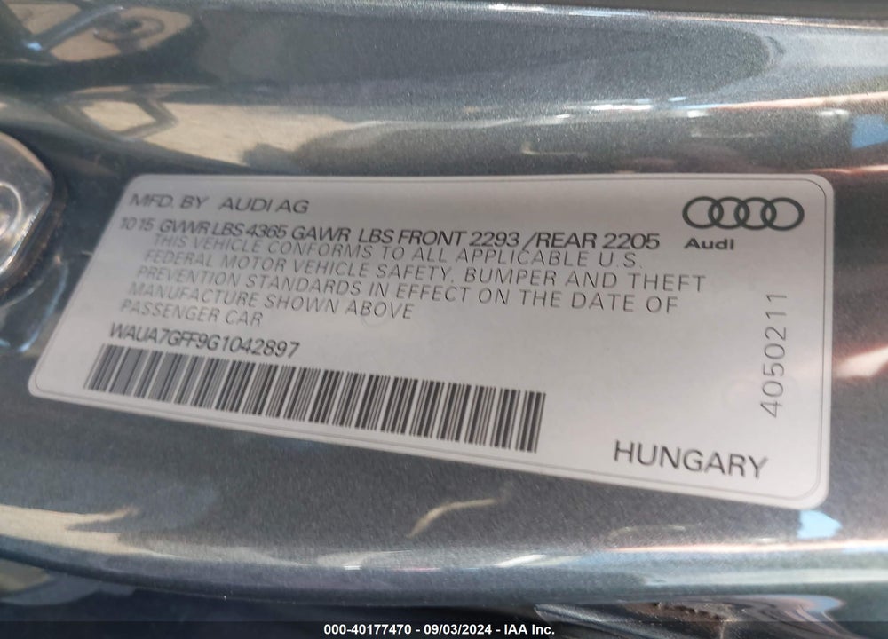 2016 AUDI A3 1.8T PREMIUM VIN: WAUA7GFF9G1042897