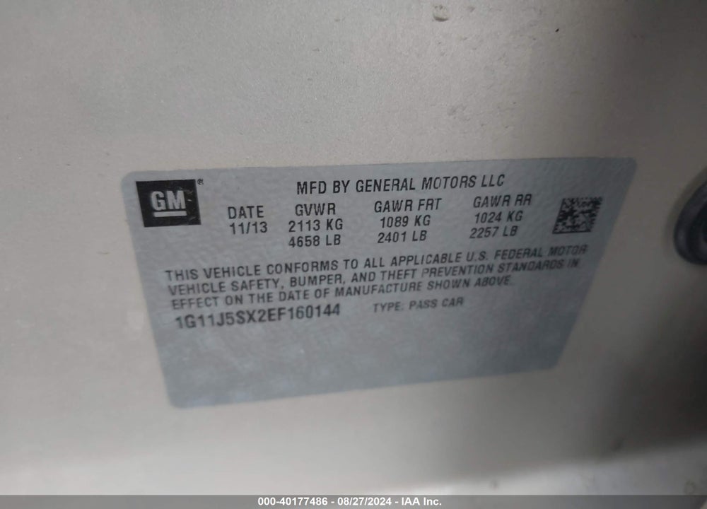 2014 CHEVROLET MALIBU 2LZ VIN: 1G11J5SX2EF160144