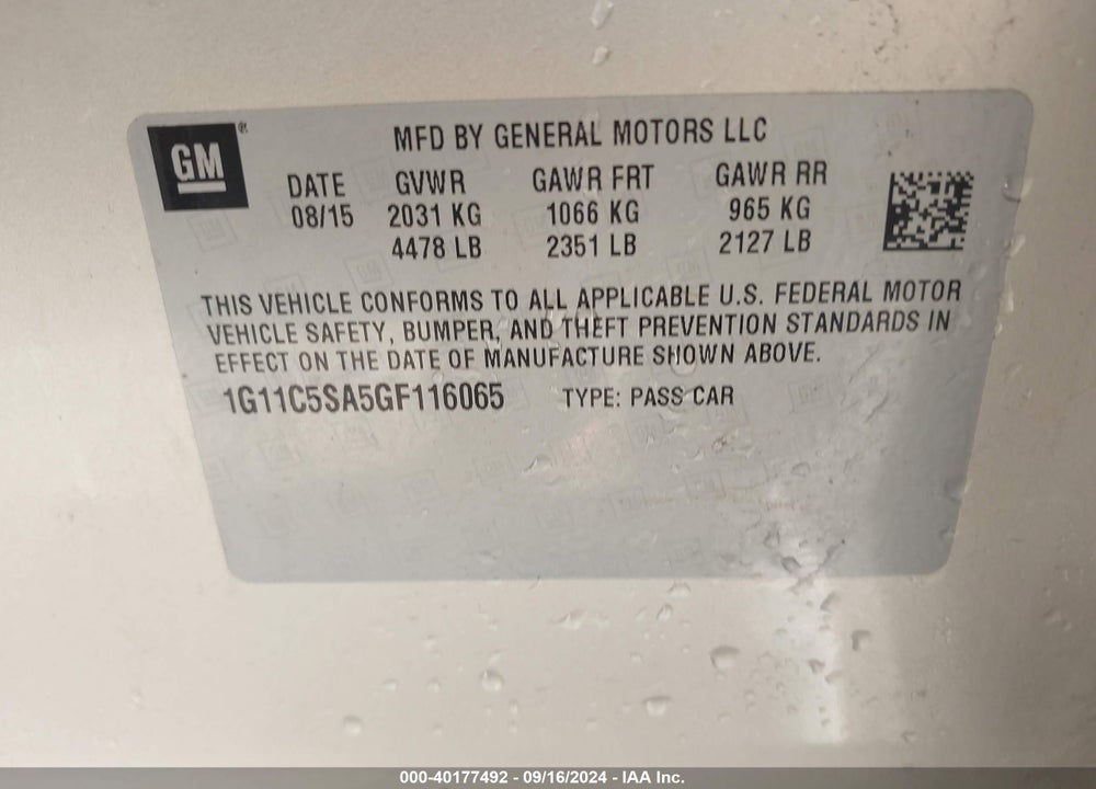 2016 CHEVROLET MALIBU LIMITED LT VIN: 1G11C5SA5GF116065
