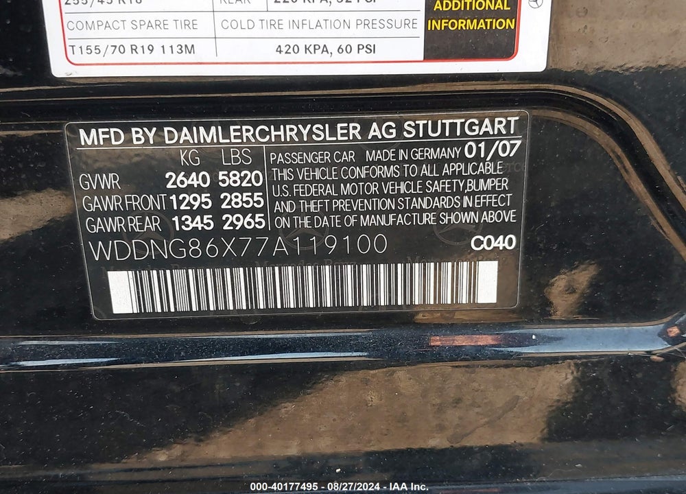 2007 MERCEDES-BENZ S 550 4MATIC VIN: WDDNG86X77A119100