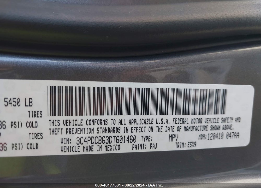 2013 DODGE JOURNEY VIN: 3C4PDCBG3DT601460