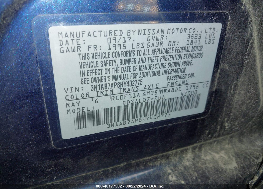 2017 NISSAN SENTRA SV VIN: 3N1AB7AP8HY402775