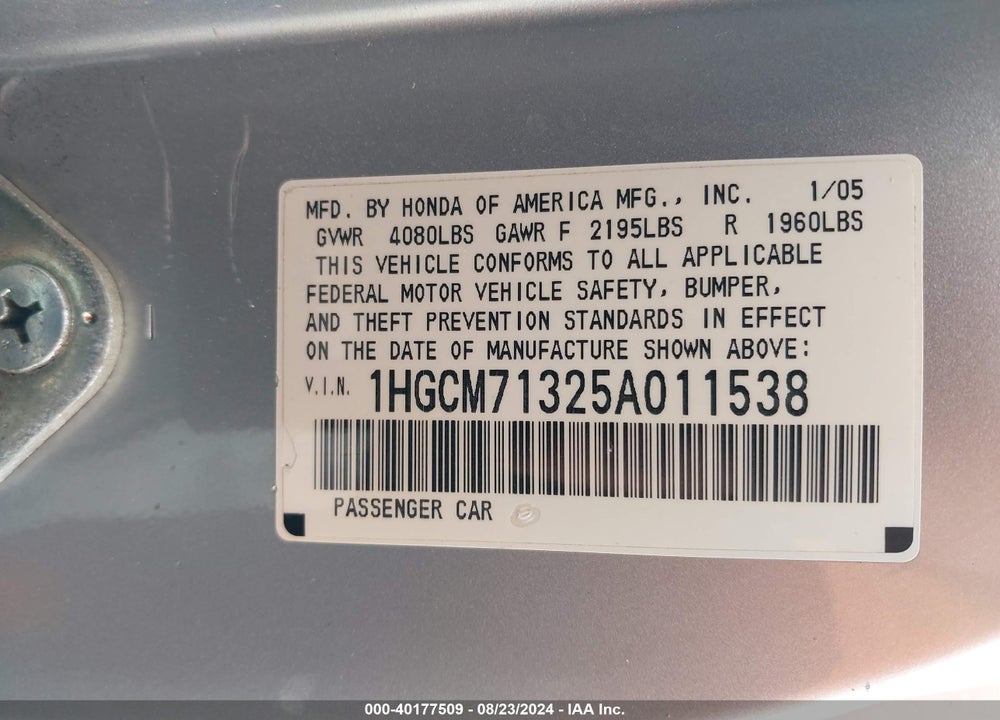 2005 HONDA ACCORD 2.4 LX VIN: 1HGCM71325A011538