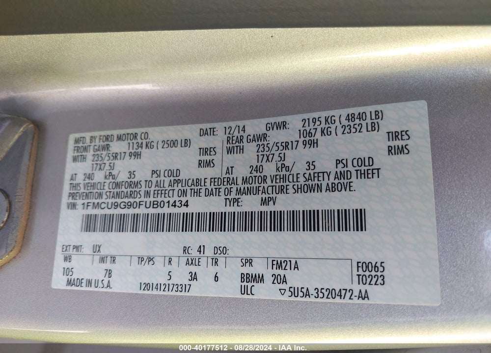 2015 FORD ESCAPE SE VIN: 1FMCU9G90FUB01434