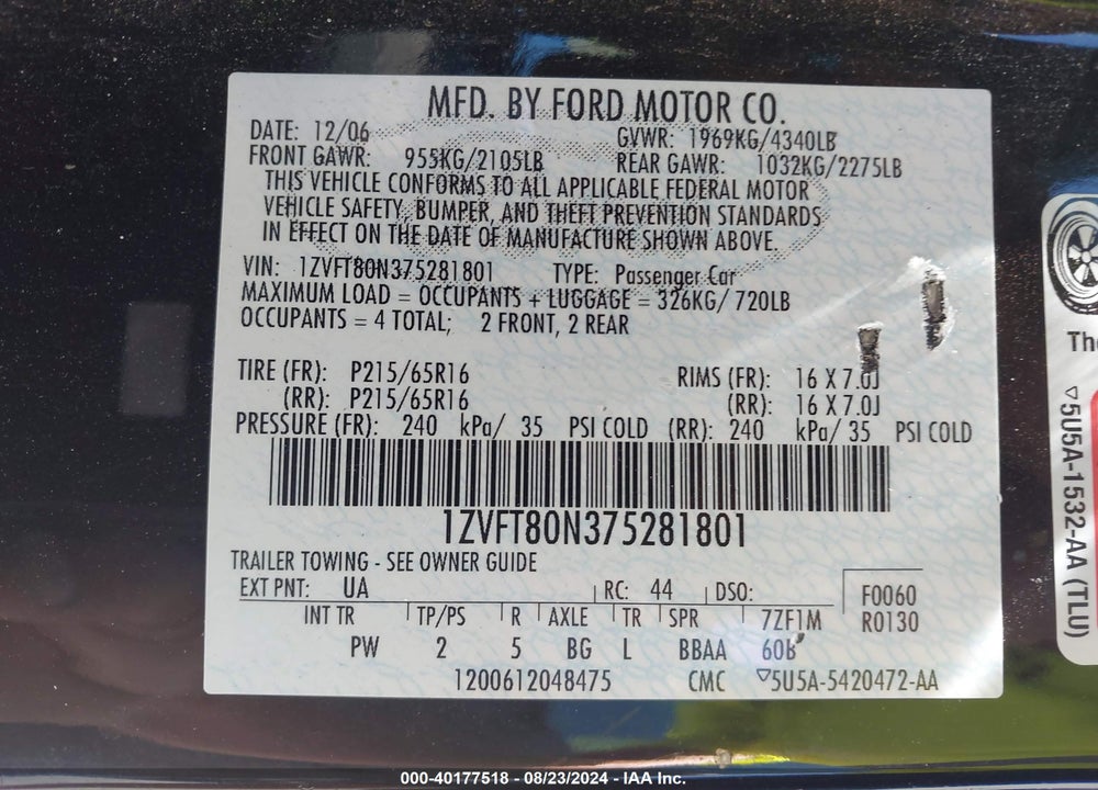 2007 FORD MUSTANG VIN: 1ZVFT80N375281801