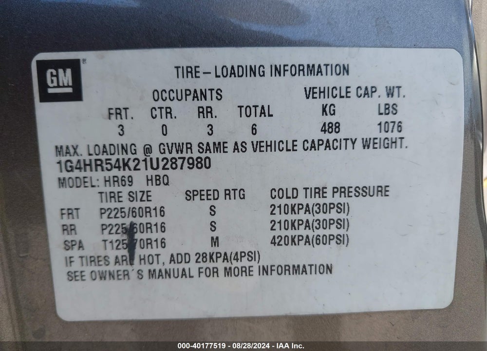 2001 BUICK LESABRE VIN: 1G4HR54K21U287980
