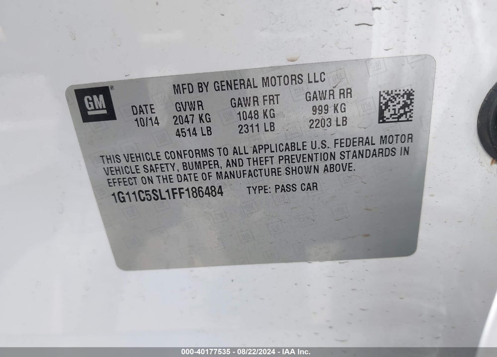 2015 CHEVROLET MALIBU 1LT VIN: 1G11C5SL1FF186484