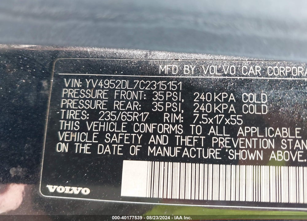 2012 VOLVO XC60 3.2/3.2 PLATINUM/3.2 PREMIER/3.2 PREMIER PLUS VIN: YV4952DL7C2315151