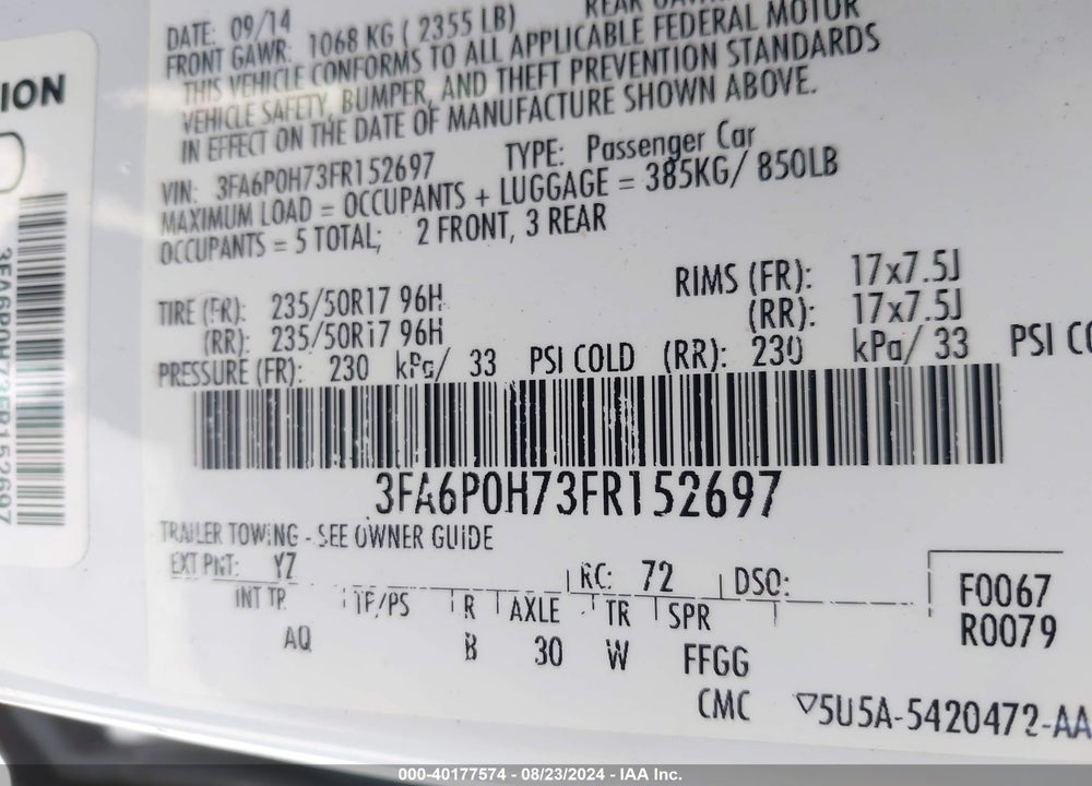 2015 FORD FUSION SE VIN: 3FA6P0H73FR152697